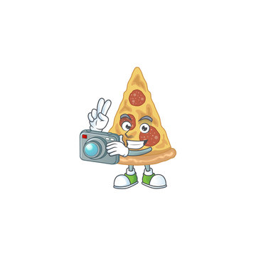Slice of pizza photographer mascot design taking a picture with a camera