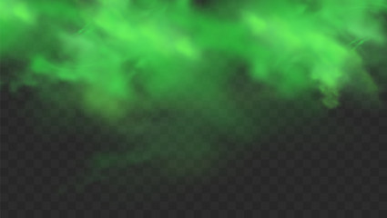 Green smoke isolated on transparent background. Realistic green bad smell, magic mist cloud, chemical toxic gas, steam waves. Realistic vector illustration
