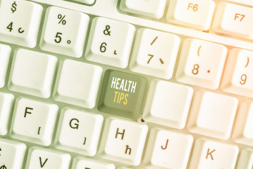 Conceptual hand writing showing Health Tips. Concept meaning advice or information given to be...