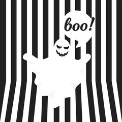 Boo ghost halloween message concept. Flying halloween funny spooky ghost character say BOO with text space in the speech bubble vector illustration isolated on black striped background.