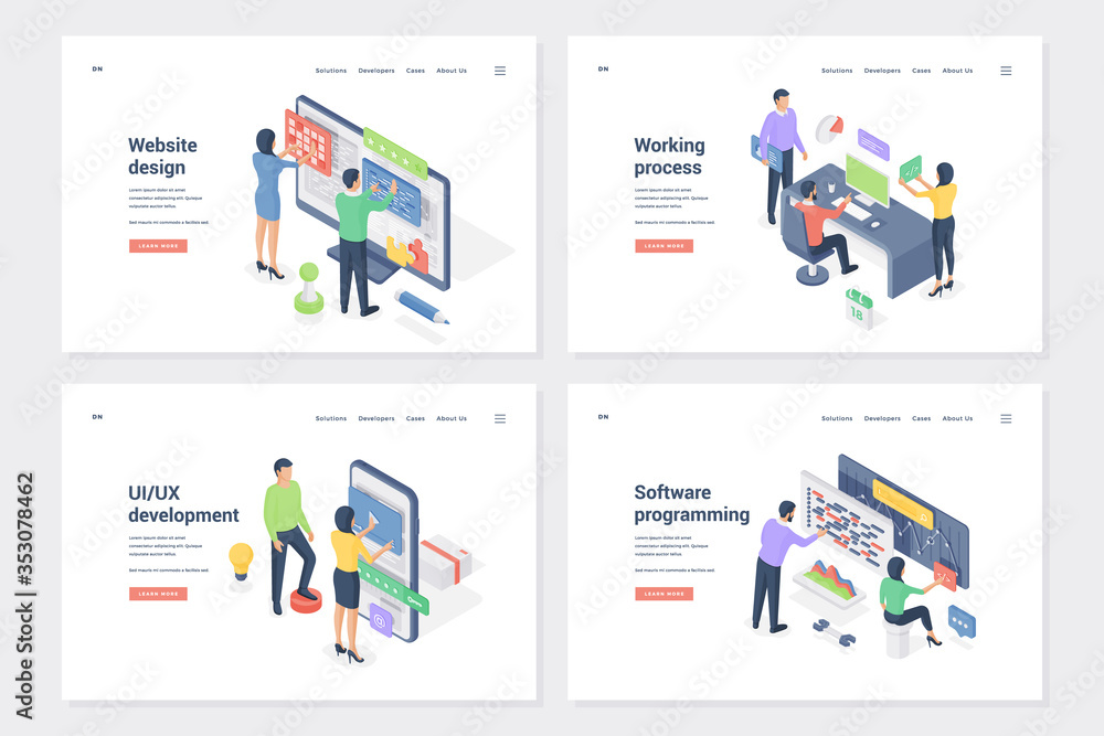 Poster program creation, ui, ux development isometric landing page templates set