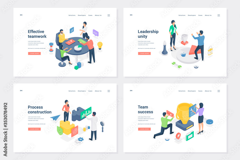 Poster workflow optimization stages and result isometric landing page templates set
