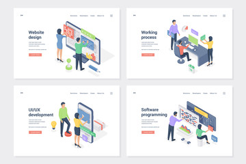 Program creation, UI, UX development isometric landing page templates set