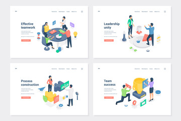 Obraz na płótnie Canvas Workflow optimization stages and result isometric landing page templates set
