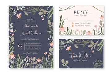 wedding invitation set with flower garden background