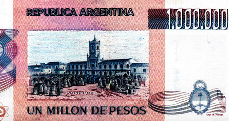 Independence Declaration with 25 de Mayo at left center., Portrait from Argentina 1 Million Pesos...