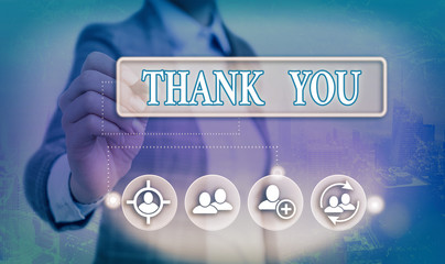 Conceptual hand writing showing Thank You. Concept meaning a polite expression used when...