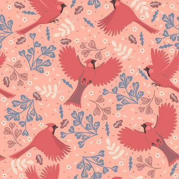 Seamless pattern with birds red cardinals. Vector graphics.
