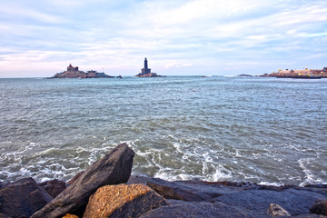 Swami Vivekananda Memorial and Thiruvalluvar Statue as seen from the coastline - Kanniyakumari,...