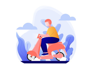 Obraz premium man riding a scooter with helmet. safety ride illustration vector, flat style.