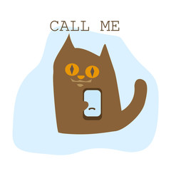 Cat with a mobile phone. Call me. Vector illustration. Flat style.