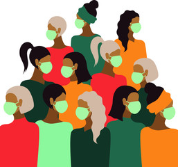 Novel 2019-nCoV coronavirus in china. Group of women wearing white medical face masks. Colourful concept vector illustration. - 353080217