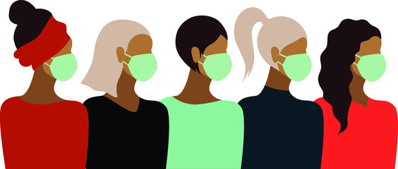 Novel 2019-nCoV coronavirus in china. Group of women wearing white medical face masks. Colourful concept vector illustration. - 353080245