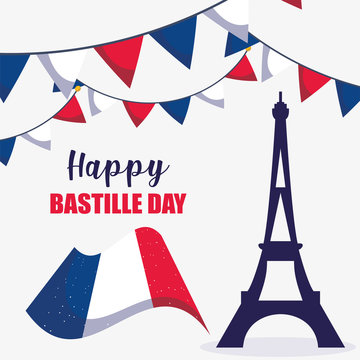 France Eiffel Tower And Flag Of Happy Bastille Day Vector Design