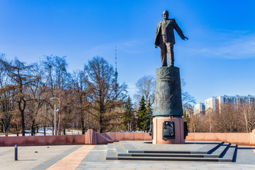 Panoramic view on Sergei Korolev Sculpture near Rocket Monument to the Conquerors of Space in Moscow, Russia.