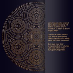 Template for card or invitation with golden lace mandala and place for text. Beautiful vector drawing with six-pointed stars.