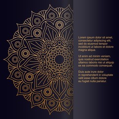 Template for card or invitation with beautiful golden mandala and place for text. Vector design.