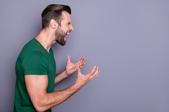Profile photo of attractive crazy guy neat hairdo bristle raise arms yelling furious side empty space fighting with girlfriend wear casual green t-shirt isolated grey color background