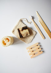 set of environmental hygiene items straw straw for drinking natural handmade soap loofah bamboo toothbrush with white villi wooden soap dish sisal bag