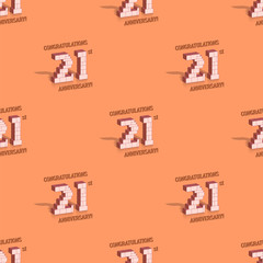 Seamless pattern with clipping mask. Coral lettering Congratulations 21st anniversary. 3d digits with shadows EPS10