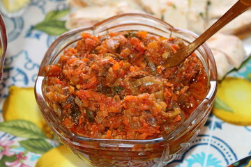 Eggplant caviar in a glass bowl