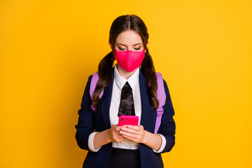 Portrait of her she nice attractive brown-haired girlfriend holding in hands using digital device...