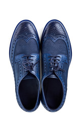 Men's classic blue soft leather shoes with perforated laces. Top view.