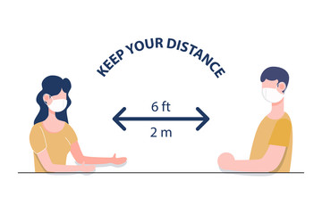 Social distancing concept. Two people keep distance 2 m flat design vector.