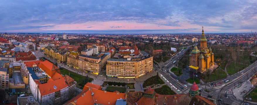 Wide panorama of Timisoara city, Romania.  Timisoara at twiligh red sunset