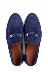 Men's classic blue suede shoes with a decorative rope buckle and a blue rubber sole. Top view.