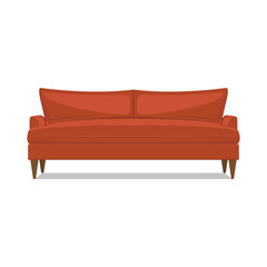 Red sofa against white background, isolate. Symbol of a cozy home, interior object.