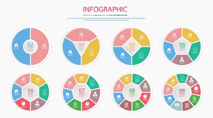 Vector infographic circle set. Business concept with 2,3,4,5,6,7,8,9 options, steps or processes .