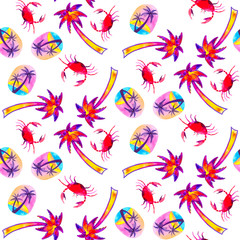 Tropical palm tree seamless pattern. Beach design. Hawaiian shirt. Bright watercolor illustration isolated on white.