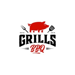 Vintage hipster Grill Barbeque ham pig pork icon invitation party barbecue bbq with crossed fork spatula and fire flame Logo design