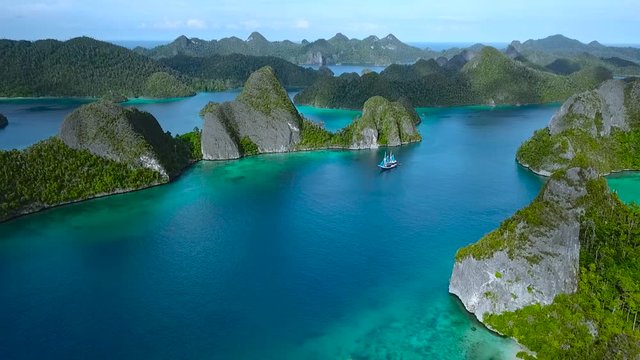 Aerial view of spectacular scenery in Raja Ampat Wayag Islands taken by drone