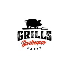Vintage hipster Grill Barbeque pig pork icon on fire flame invitation party barbecue bbq with fork Logo design