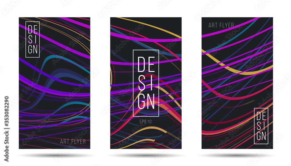 Aufkleber set of flyers artistic template layout with bright colorful lines moving in chaotic dynamic composit