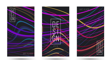 Set of flyers artistic template layout with bright colorful lines moving in chaotic dynamic composition with design copy, banner template