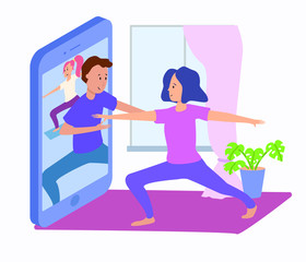vector illustration, online yoga training at home, coach rules the pose