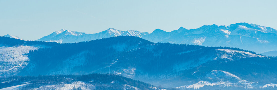 Zaoadne Tatry mountains from Brestova to Velka Kamenista peak from Magurka Wislanska hill in Beskid Slaski mountains in Poland