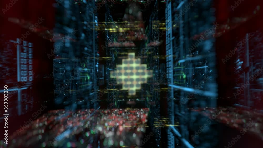 Poster futuristic cyberspace tunnel. 3d render seamless loop animation
