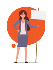 Businesswoman holding picket signs, expressing demands and protesting, freedom of assembly, labour rights of picketing, influencing public opinion, full length, copy space