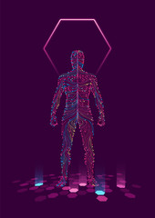 Digital human. Concept of virtual reality. Body made from colorful flowing lines resembling electrical circuit or nervous system. Eps10 vector.