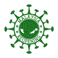 Malaysia Reopening Stamp. Green round badge of country with map of Malaysia. Country opening after lockdown. Vector illustration.