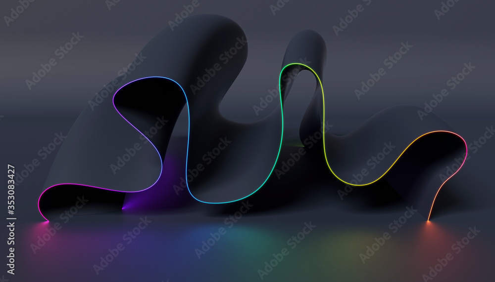 Poster Abstract dark flowing shape with a line of colorful light on a dark background. 3D render / rendering