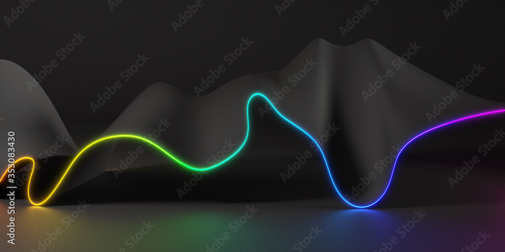 Fototapete abstract dark flowing shape with a line of colorful light on a dark background. 3d render / renderin