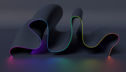 Abstract dark flowing shape with a line of colorful light on a dark background. 3D render / rendering