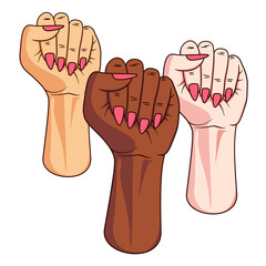 Three different skin colored female fists raised into air. Arm and hand of women. Feminist pride symbol for feminism united and fighting for rights. Sign of equality and protest for gender freedom.