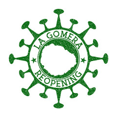 La Gomera Reopening Stamp. Green round badge of island with map of La Gomera. Island opening after lockdown. Vector illustration.