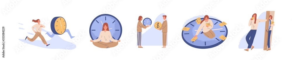 Poster concept of interaction people and time set vector flat illustration. collection of man and woman bus